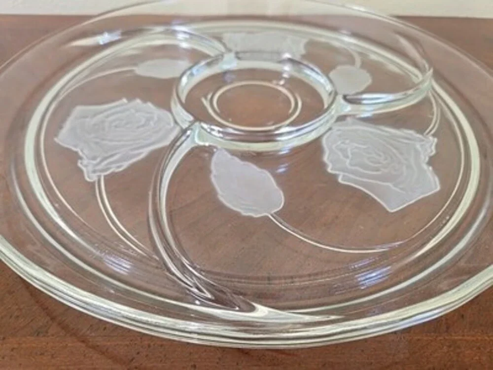 Indiana Glass Pressed Frosted Rose Divided  13” Appetizer Tray